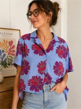 UNIQLO x Andy Warhol Floral Button-Up in Light Blue with Pink & Purple Print